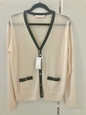 NWT Tory Burch Ivory Merino Wool Madeline Cardigan Sweater Womens Sz L $248
